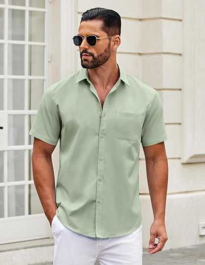 Mens Short Sleeve Casual Button down Shirts Summer Untucked Dress Shirts with Pocket