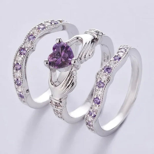 3Pcs Claddagh Heart Amethyst Wedding Ring Set 925 Sterling Silver Fashion Jewelry Size5-12