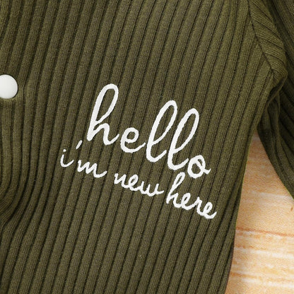 Newborn Infant Baby Boy Coming Homing Clothes Letter Print Button Knit Footed Romper Jumpsuit Hat Bibs 3Pcs Outfit