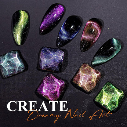 9D Cat Eye Gel Nail Polish, Magnetic Cat Eye Gel Polish Set, 10ml*6 with 2 Magnets, Classic Colors Chameleon Magic Galaxy Effect Soak off Nail Art - Sparkle Stunning Gel Polish Gift for Women