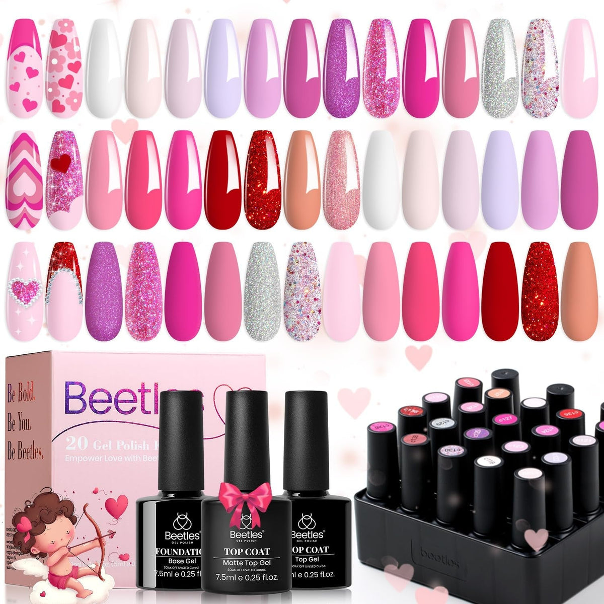 Beetles 23Pcs Gel Nail Polish Kit with Glossy Matte Top Coat and Base Coat Girls Night Collection White Nude Gray Glitters Gel Nail Polish Set U V Soak Off Holiday Manicure for Women Girls