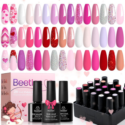 Beetles 23Pcs Gel Nail Polish Kit with Glossy Matte Top Coat and Base Coat Girls Night Collection White Nude Gray Glitters Gel Nail Polish Set U V Soak Off Holiday Manicure for Women Girls