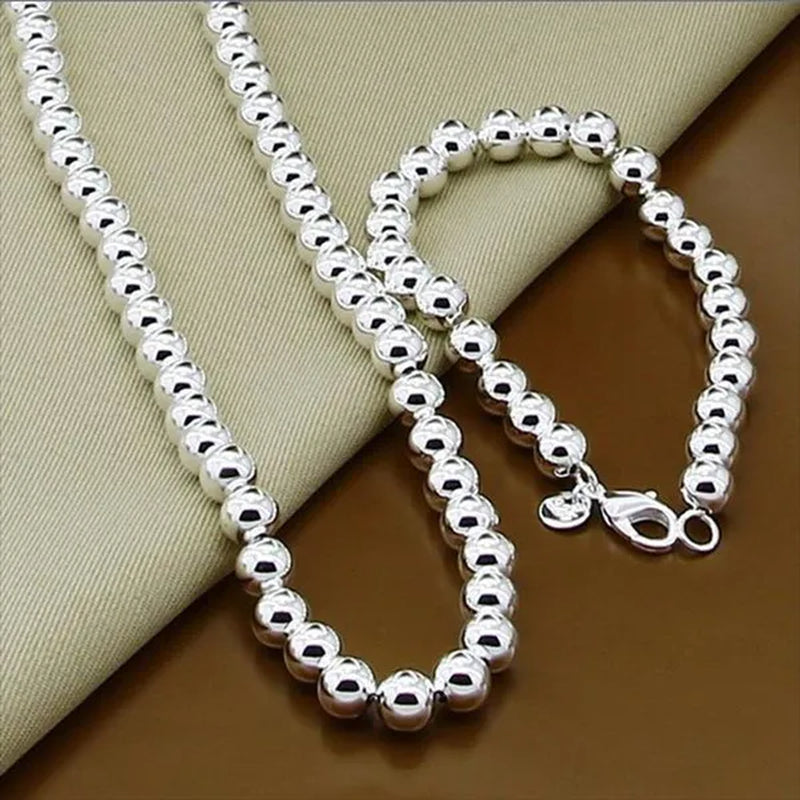 Fashion 925 Sterling Silver 8mm Hollow Smooth Round Beads Necklace Bracelets Set for Women Wedding Engagement Party Jewelry