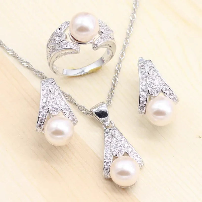 925 silver jewelry sets Women Pearl Necklace Pendant Ring Earring for dance Party Jewelry