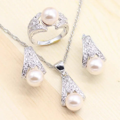 925 silver jewelry sets Women Pearl Necklace Pendant Ring Earring for dance Party Jewelry