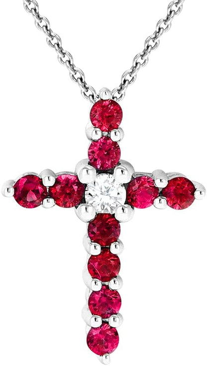 Lab Created Ruby Pendant Necklace Cross in Sterling Silver - 18 Inch Chain