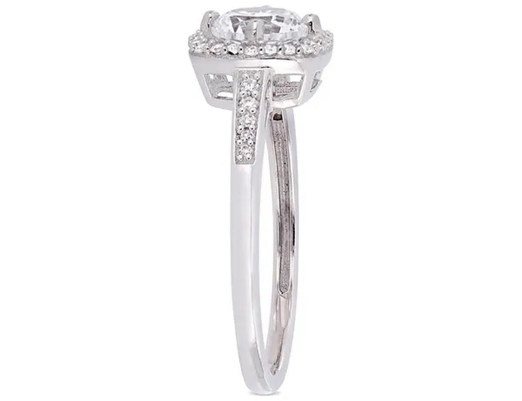 1.00 Carat (ctw) Lab Created White Sapphire Halo Engagement Ring in 10K White Gold with Diamonds