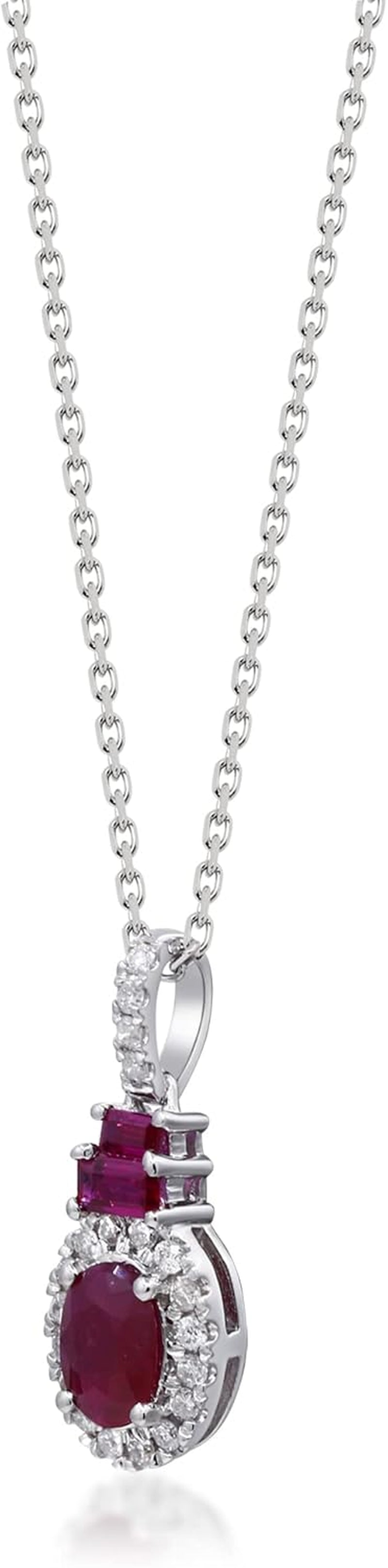 10K White Gold Genuine Ruby and Natural Diamond (I1) Pendant for Women.