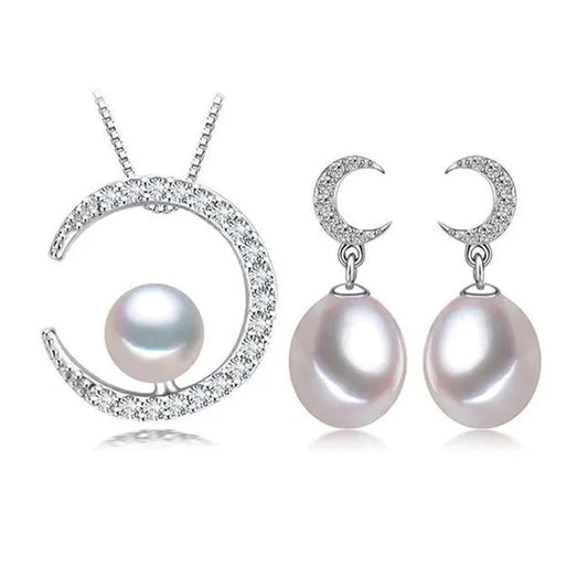 Majesty Diamonds MDS210090 Multi White Freshwater Pearl Drop, Dangle Crescent Moon Earrings & Pendant Set in 0.925 White Sterling Silver