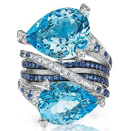 Silver Natural Gemstones Aquamarine Ring Wedding Birthstone Bride Engagement Crossing Brand  Ring Jewelry Size 6 7 8 9 10