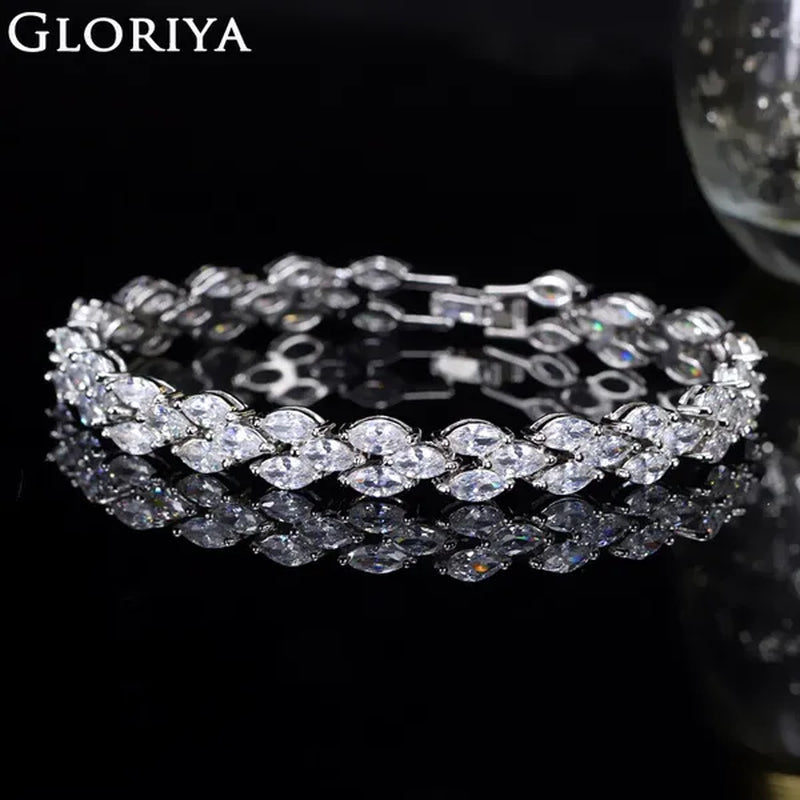 Gloriya Delicate White Gold Plated Tennis Bracelet Setting Sparkly Marquise Cubic Zircon Wedding Bracelets For Women Gorgeous Crystal Jewelry