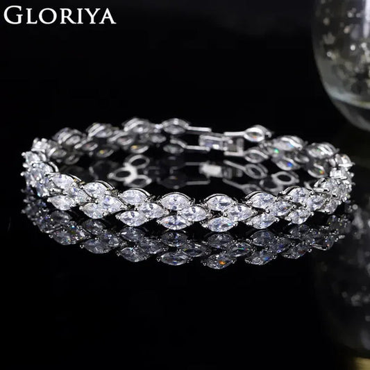 Gloriya Delicate White Gold Plated Tennis Bracelet Setting Sparkly Marquise Cubic Zircon Wedding Bracelets For Women Gorgeous Crystal Jewelry