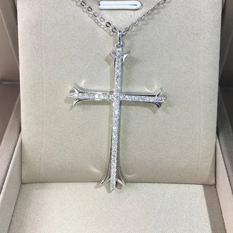 925 Sterling Silver Religious Cross Long Pendant Necklace Moissanite Charm Necklace for Women Fashion Necklace Unisex Party Banquet Fine Jewelry Personality Valentine Gift