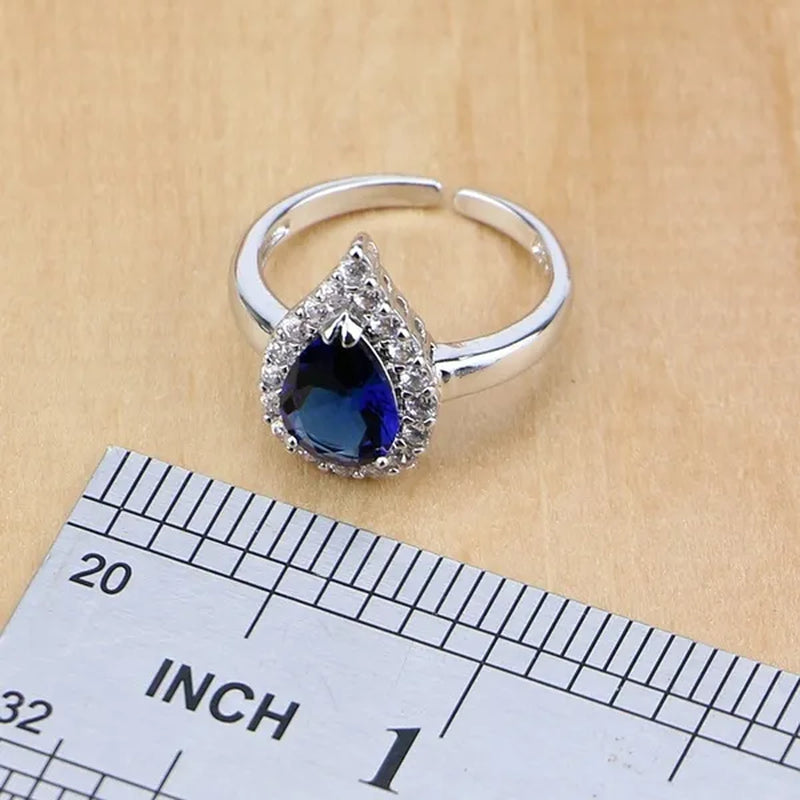 925 Silver Jewelry Sets Blue Sapphire White Topaz Open Rings Earrings Pendant Necklace Bracelet For Bridal  Women