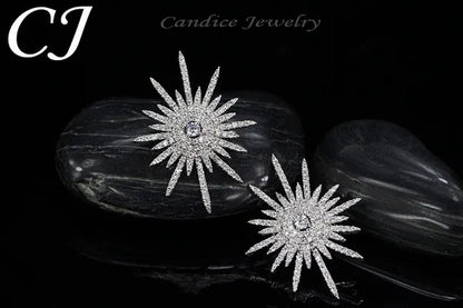 CANDICE 925 Sterling Silver Plating Hypoallergenic Snowflake Cubic Zirconia Stones Big Stud Earrings For Women Girls Wedding Party Jewelry