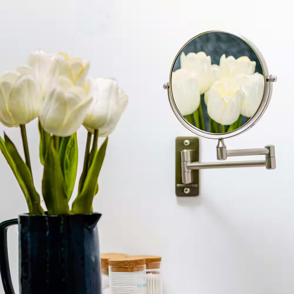 Small round Wall Mounted Nickel Brushed Makeup Mirror (11 In. H X 1.4 In. W), 1X-7X Magnification