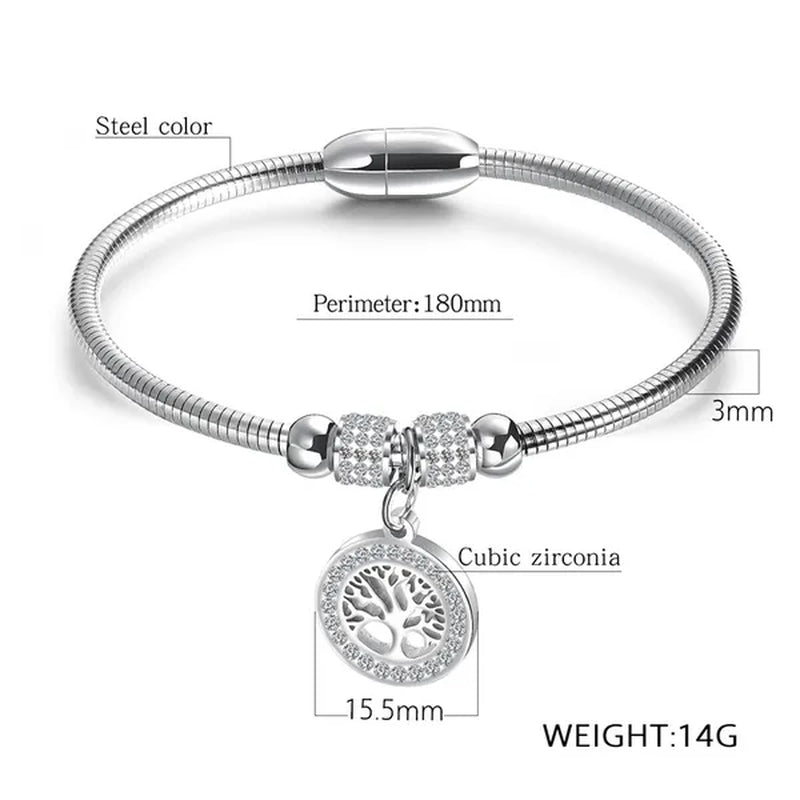 Gold Plated  Tree of Life Bangle Bracelet Women Stainless Steel Family Tree Charm Bracelets with AAA Rhinestones & Magnetic Buckle