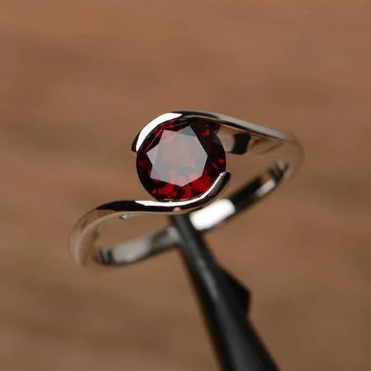 Silver Natural Garnet Ring Promise Engagement Ring Round Cut Sterling Silver Ring Solitaire January Birthstone Red Gemstone Ring