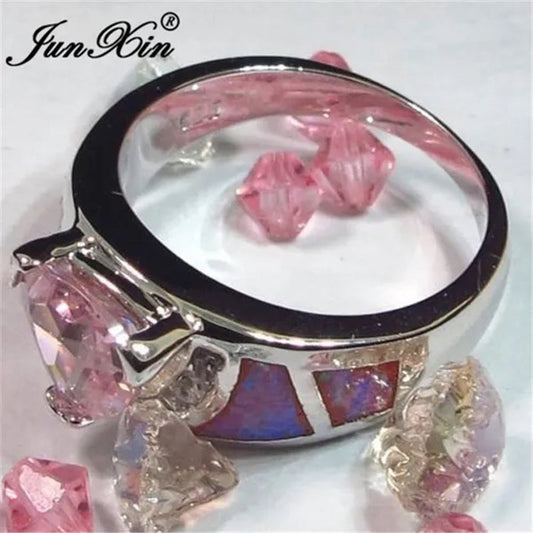 Junxin Triangular Heart Pink Sapphire Opal Ring 925 Sterling Silver Women Wedding Jewelry Size 6/7/8/9/10