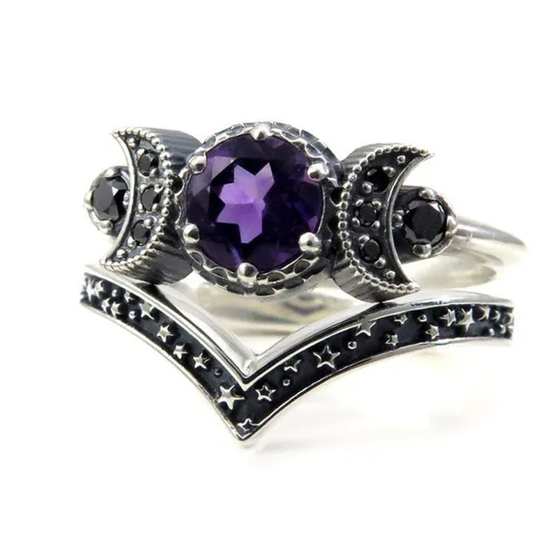 Hecate Triple Moon Ring Set Silver and Black Diamond Engagement Rings  Amethyst or Red Crystal Wedding Ring Unique Moon Goddess Rings for Women Fashion Jewelry Boho & Hippie & Gothic Anniversary Gift