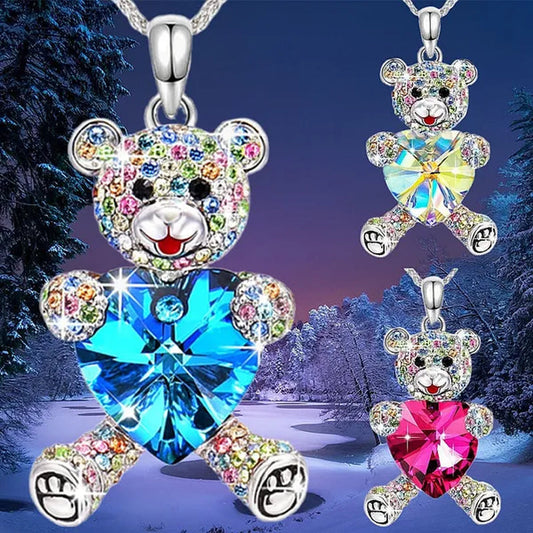 Elegant Fashion Creative Women's Heart-shaped Crystal Bear Necklace Diamond Bear Necklace Women's Engagement Necklace Cute Girl Animal Jewelry Birthday Anniversary Gift