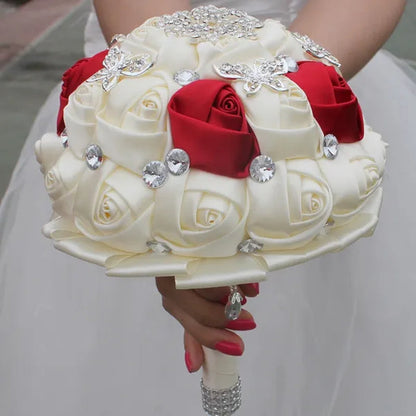 18CM Stunning Red Butterfly Diamond Flowers Brooch Stitch Wedding Bouquet Mariage Polyester Bride Holding Flowers Ribbon Bridesmaid Bouquet