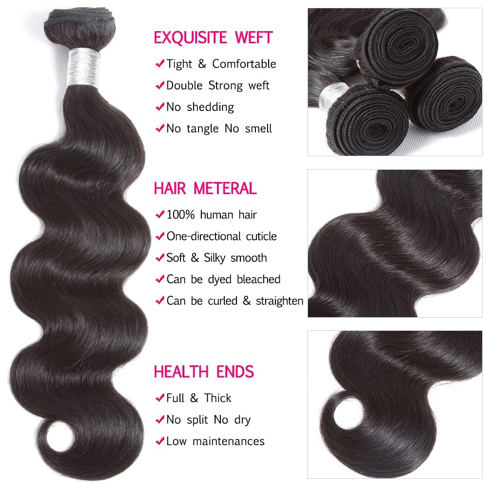 Body Wave Human Hair Bundles (24/26/28+20Inch, Bundles +Three Part Closure)…