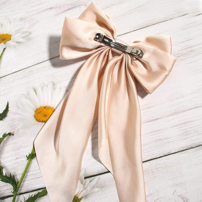 Big Bow Barrettes and Satin Hair Pins with Long Ribbon Tails - Party and Casual Hair Accessories for Women and Girls in Apricot