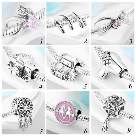925 Sterling Silver Pink Sister Infinity Love Car Camera Charm Fit Charms Bracelets DIY for Jewelry Making