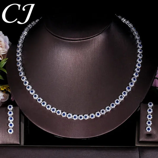CANDICE Classic Round Cut Blue Choker Necklace Earrings Top Grade AAA+ CZ Stone Women Evening Jewelry Sets For Party