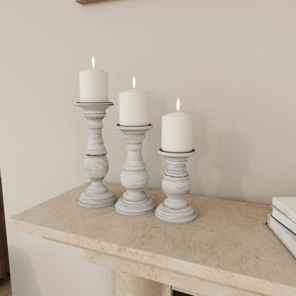 White Mango Wood Turned Style Pillar Candle Holder (Set of 3)
