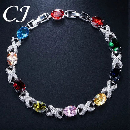 CANDICE Trendy White Gold Plated X Design Tennis Bracelet Pave CZ Connect Oval Multicolor Crystals Stylish Bangle Jewelry For Women Banquet Party Accessories