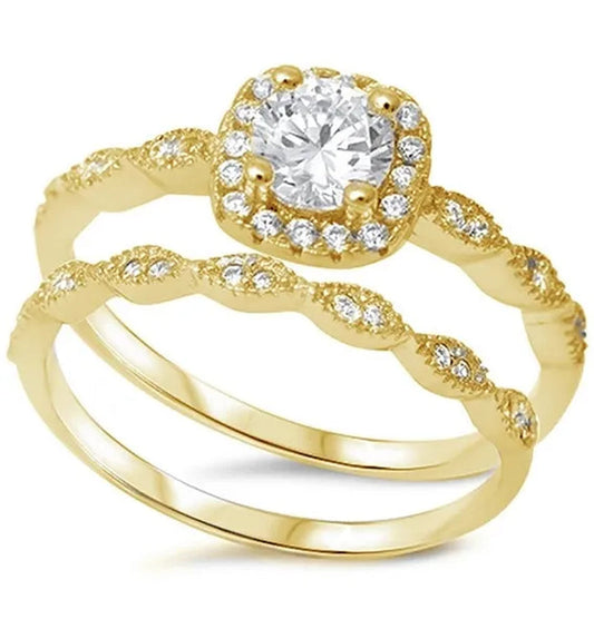 Sterling Silver .925 CZ Cubic Zirconia Yellow Gold Plated Halo Round Antique Engagement Ring Wedding Set Size 4-10