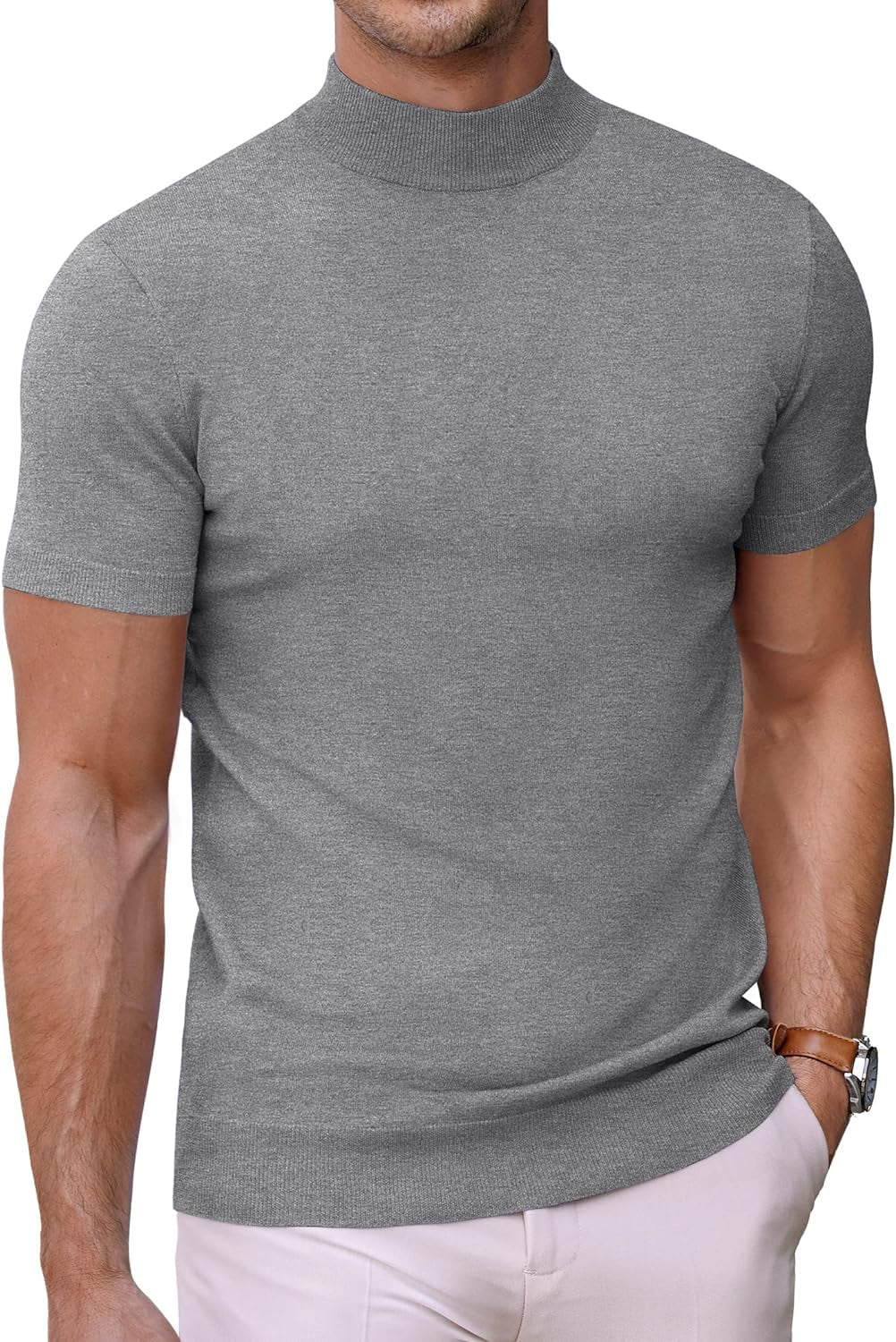 Mens Mock Turtleneck Sweater Short Sleeve Solid Color T-Shirts Basic Slim Fit Knitted Pullover Tees