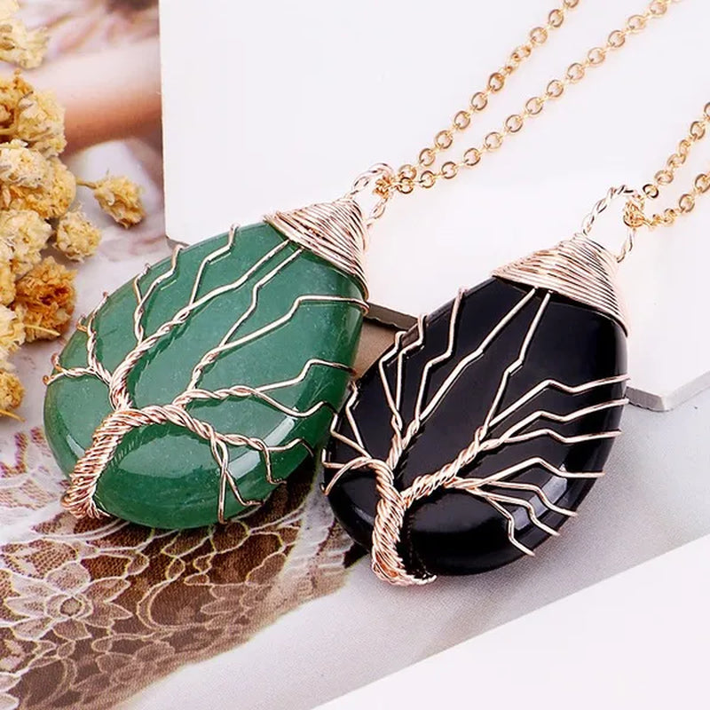 Vintage Natural Gemtone Crystal Amethyst Rose Quartz Tiger Eye Stone Water Drop Tree of Life Pendant Necklace for Women Men Jewelry