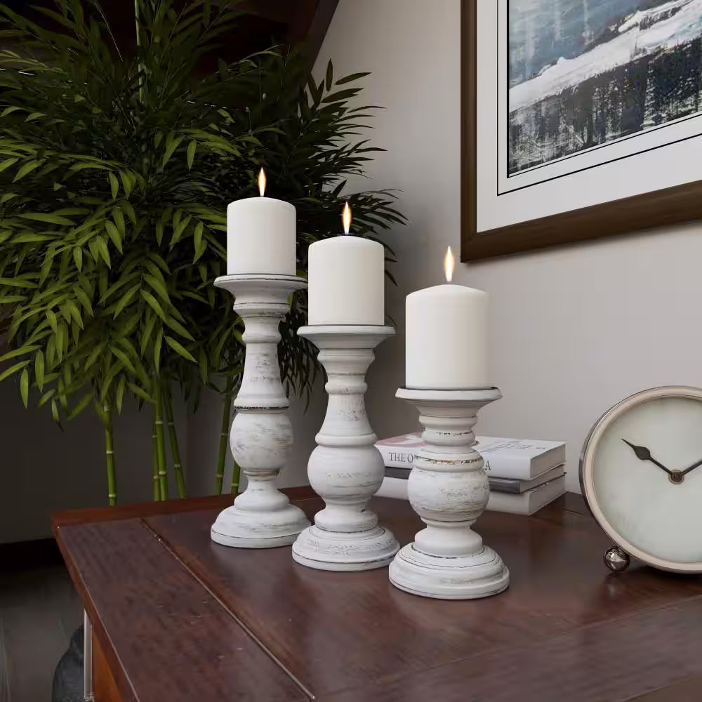 White Mango Wood Turned Style Pillar Candle Holder (Set of 3)