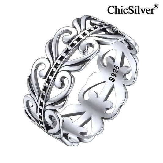 ChicSilver 925 Sterling Silver Filigree Vine Leaf Ring 8mm Retro Celtic Knot Eternity Ring Wedding Band for Women