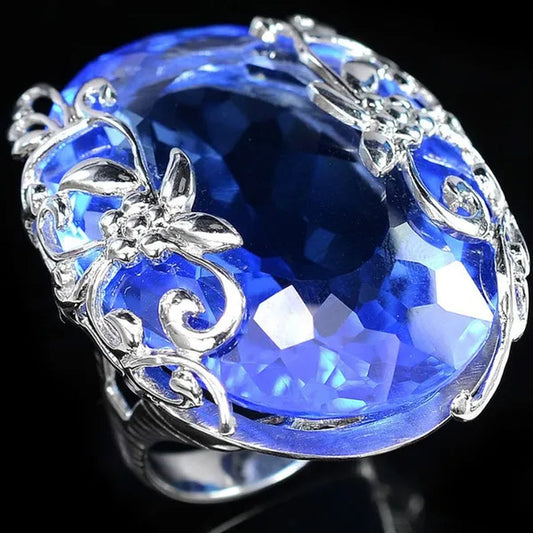 Beautiful Big Blue Sapphire Gemstones 925 Sterling Silver Wedding Engagement Ring