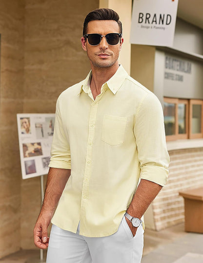Men'S Long Sleeve Button down Shirts Casual Cotton Linen Shirts Summer Beach Shirt with Pocket