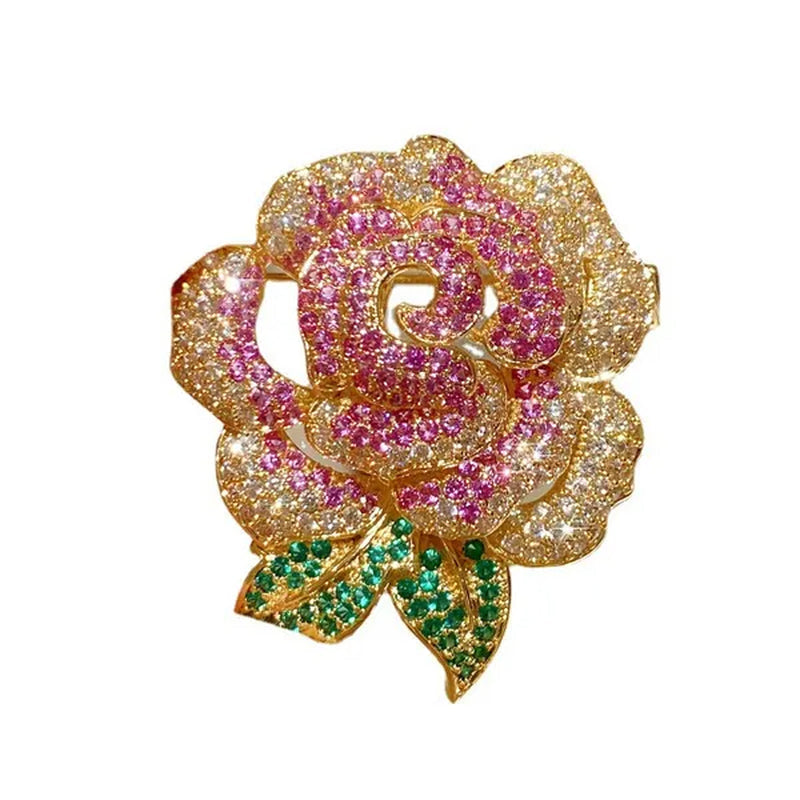 French Retro High-End Full Diamond Gradient Rose Gold Zircon Rose Flower Brooch Suit Pin Clothes Accessories