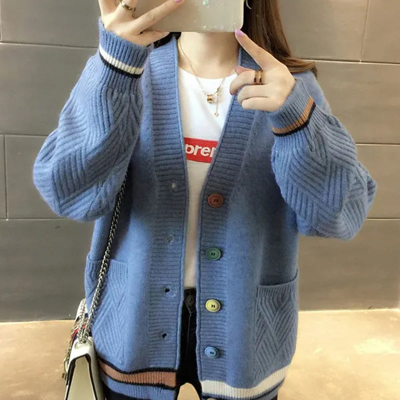 New Fashion Pull Femme Autumn and Winter Wool Pure Cashmere Sweater Cardigan Pullovers Long Sleeve Women Striped Stitching Color Knitted Cardigans Pullover Damen Jumper Outwear Coat