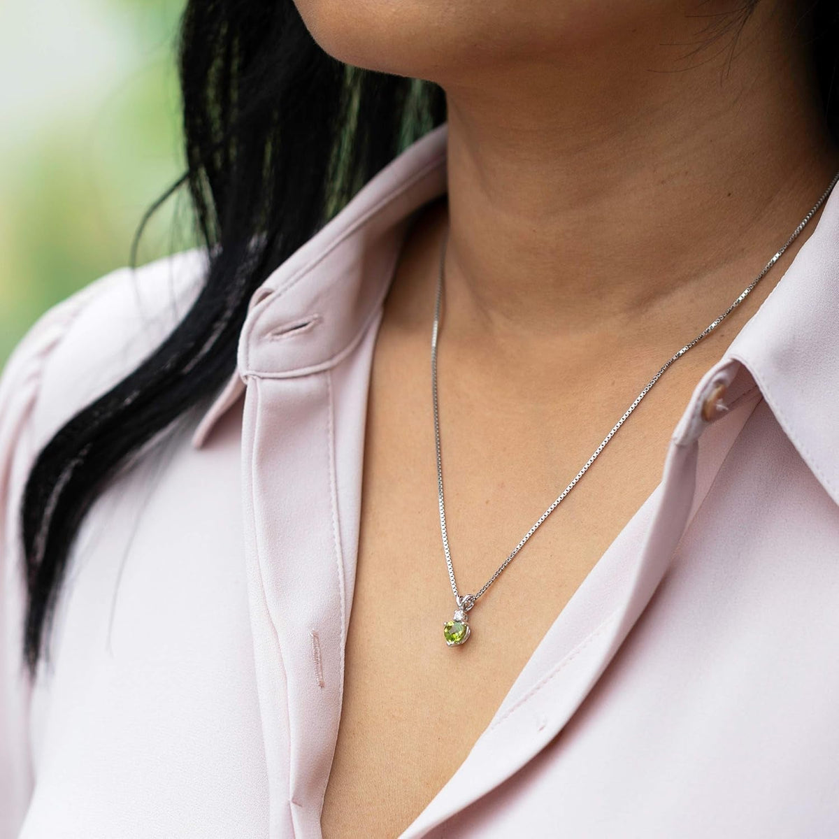 14K White Gold Peridot and Diamond Pendant for Women, Genuine Gemstone, Heart Shape Solitaire, 6Mm, 1 Carat Total, Real Gold Peridot Jewelry, August Birthstone Necklace, W/Jewelry Box