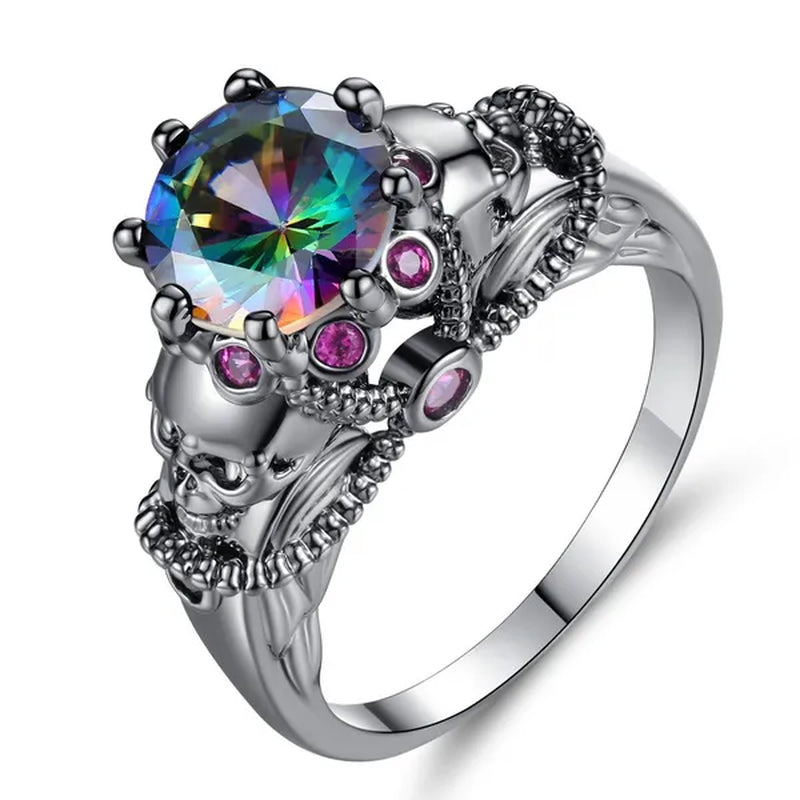 Gothic Style Sterling Silver Skull Ring Black Sapphire/Rainbow Crystal Diamond Punk Jewelry Proposal Birthday Gift Bridal Engagement Band Rings for Men Women Bride Size 6-9