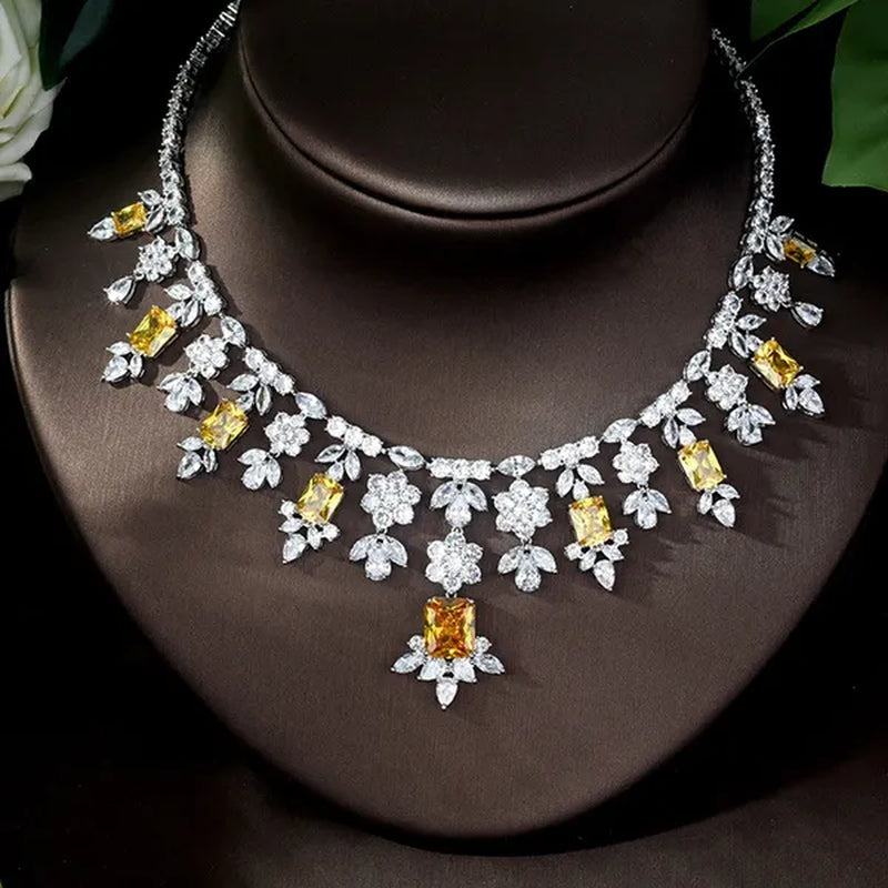 CANDICE Luxury Brilliant Citrine Bridal Wedding Party Jewelry Set for Brides Pave Yellow AAA CZ Stone Flower Drop Dangle Earrings Necklace Bracelet Sets