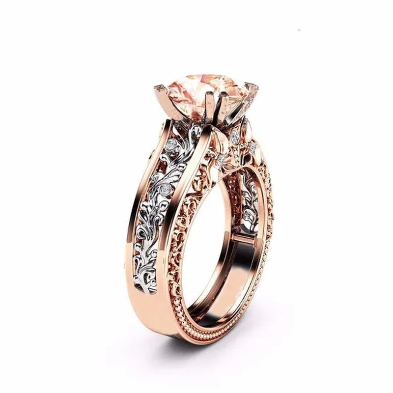 10mm Round Cut Rose & White Gold Plated 925 Sterling Silver Champagne & White Topaz Bridal Engagement Two Tone Gold Ring Size 5-11