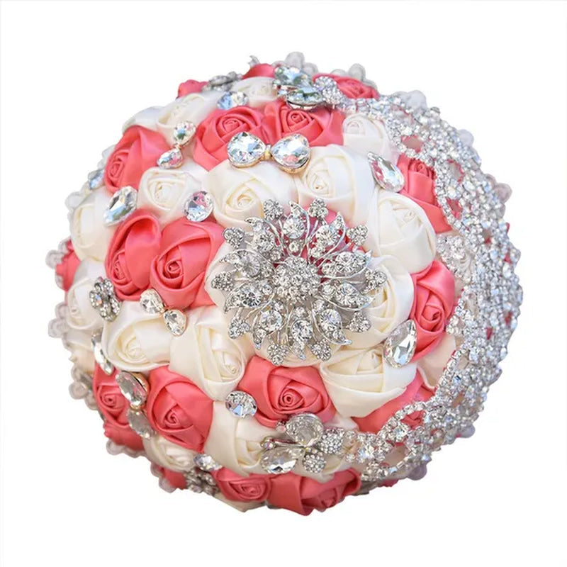 18CM Luxury Crystal Brooch Bride Bouquet Holding Flower Ribbon Lace Wedding Bouquet Artificial Simulation Rose Wedding Flower Bridesmaid Bouquet