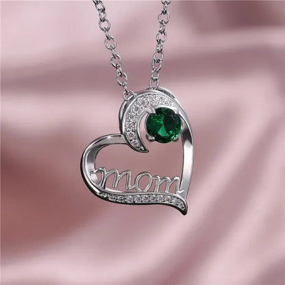 Love Mum Silver Plated Ruby MOM Character Emerald Necklace Jewelry Family Birthday Best Gift for Mother Mummy Party Wedding Band Necklace Christmas Gift