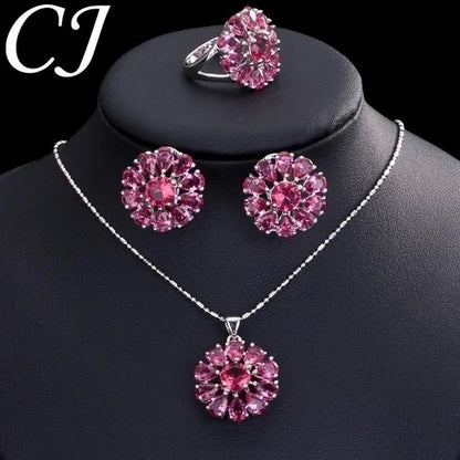 CANDICE Elegant Flower Jewelry Set Paved Green Stones Fashion Sterling Silver Plated Pendant Necklace Earrings Ring Sets