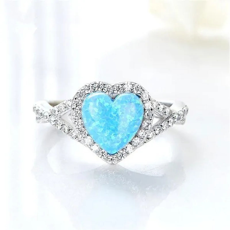 Elegant Exquisite Turquoise Heart Rhinestone Natural Diamond Rings for Women Temeprament White Sapphire Birde Wedding Band Proposal Engagement Party Banquet Ring Size 5-12