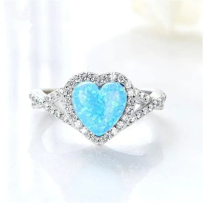Elegant Exquisite Turquoise Heart Rhinestone Natural Diamond Rings for Women Temeprament White Sapphire Birde Wedding Band Proposal Engagement Party Banquet Ring Size 5-12